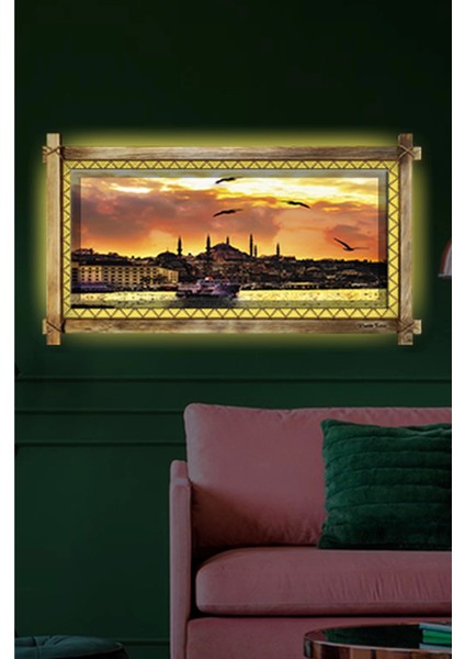 Istanbul Gün Batımı LED Işıklı Rustik Kanvas Tablo K