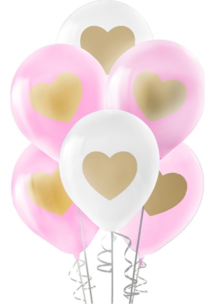 Metalik Altın Kalp Baskılı Balon – 10 Adet