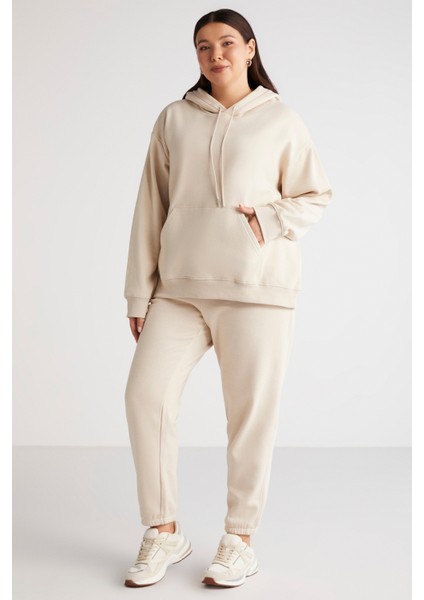 Terezabb Kadın İçi Polarlı Yumuşacık Comfort Fit Kapüşonlu Kanguru Cep Bej Büyük Beden Sweatshirt fiyatları
