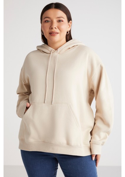 Terezabb Kadın İçi Polarlı Yumuşacık Comfort Fit Kapüşonlu Kanguru Cep Bej Büyük Beden Sweatshirt fırsatları