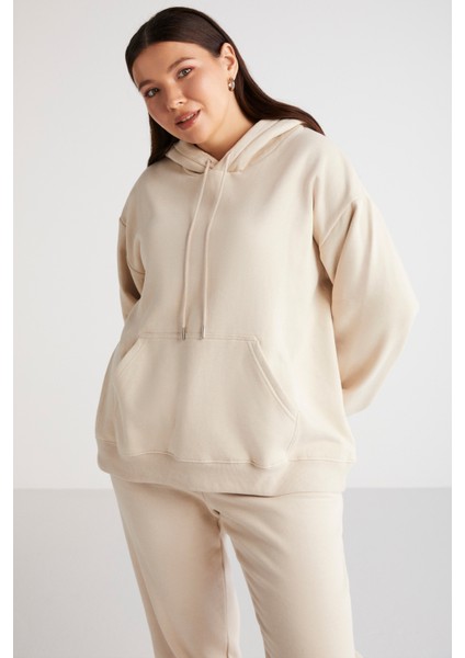 Terezabb Kadın İçi Polarlı Yumuşacık Comfort Fit Kapüşonlu Kanguru Cep Bej Büyük Beden Sweatshirt indirimleri