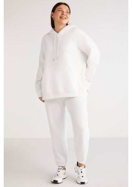 Terezabb Kadın İçi Polarlı Yumuşacık Comfort Fit Kapüşonlu Kanguru Cep Beyaz Büyük Beden Sweatshirt fiyatları