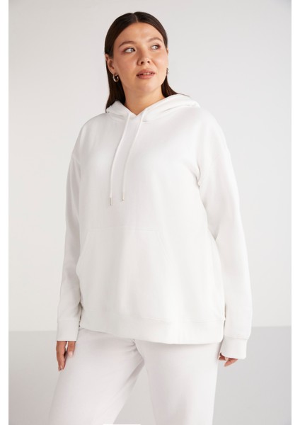 Terezabb Kadın İçi Polarlı Yumuşacık Comfort Fit Kapüşonlu Kanguru Cep Beyaz Büyük Beden Sweatshirt modelleri