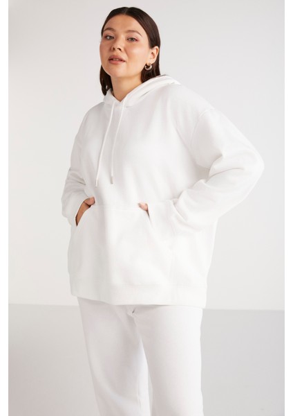 Terezabb Kadın İçi Polarlı Yumuşacık Comfort Fit Kapüşonlu Kanguru Cep Beyaz Büyük Beden Sweatshirt fırsatları