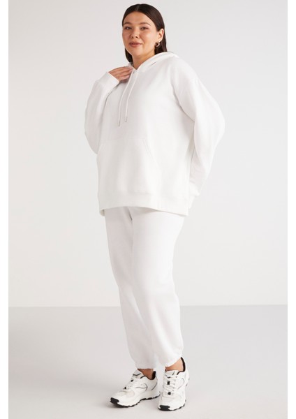 Terezabb Kadın İçi Polarlı Yumuşacık Comfort Fit Kapüşonlu Kanguru Cep Beyaz Büyük Beden Sweatshirt indirimleri