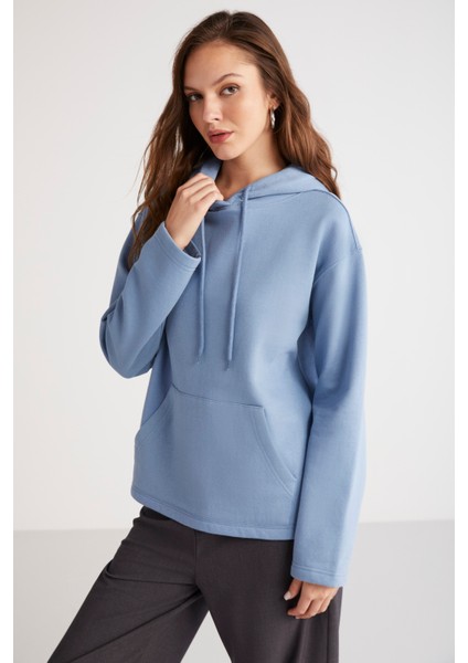 Piper Kadın İçi Polarlı Yumuşacık Confort Fit Kapüşonlu Kanguru Cep Mavi Sweatshirt