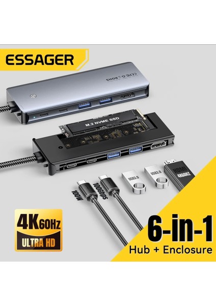 6'nın 1'i M.2 Nvme Ssd Fonksiyonlu CE/FC/ROHS Lisanslı Çoklayıcı Hub 10Gbps Type-C Pd 100W Type-C Usb3.2 Gen2 HDM 1.4 60Hz4K