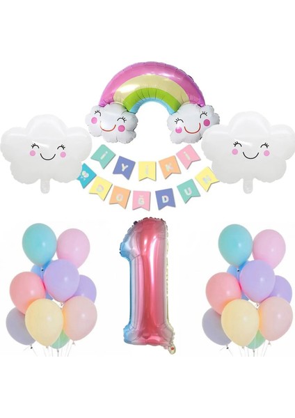 Gökkuşağı Bulut Konsepti Yaş Doğum Günü Parti Kutlama Gökkuşağı Renkli Balon Zincir Seti modelleri