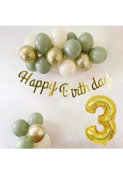 Küf Yeşili Deniz Kumu ve Krom Gold Balonlu Konsept Doğum Günü Balon Zincir Seti