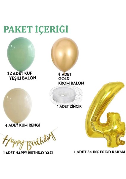 Küf Yeşili Deniz Kumu ve Krom Gold Balonlu Konsept Doğum Günü Balon Zincir Seti fiyatları