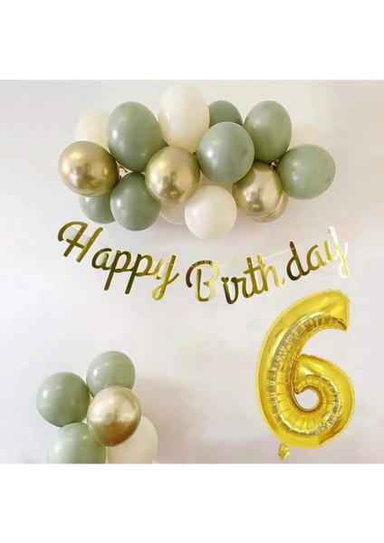 Küf Yeşili Deniz Kumu ve Krom Gold Balonlu Konsept Doğum Günü Balon Zincir Seti