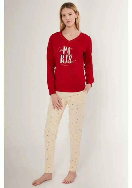 V Yaka %100 Pamuk Uzun Kol Kadın Pijama Takım 8701