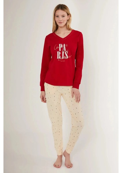 V Yaka %100 Pamuk Uzun Kol Kadın Pijama Takım 8701
