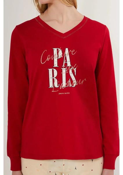 V Yaka %100 Pamuk Uzun Kol Kadın Pijama Takım 8701