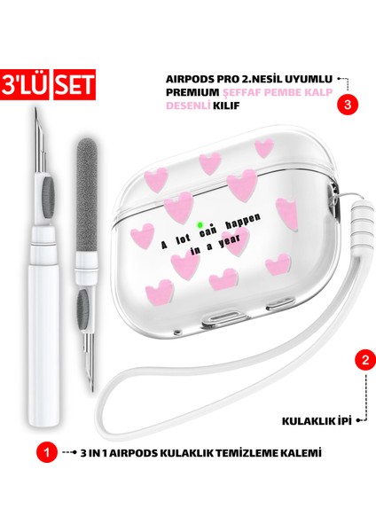 Pro 2.nesil Uyumlu Şeffaf Pembe Kalp Desen Kılıf, Kulaklık Ipi ve 3'ü 1 Arada Temizleme Kalemi Seti