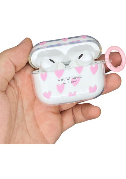 Pro 2.nesil Uyumlu Şeffaf Pembe Kalp Desen Kılıf, Kulaklık Ipi ve 3'ü 1 Arada Temizleme Kalemi Seti