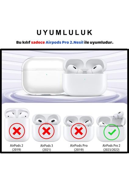 Pro 2.nesil Uyumlu Şeffaf Pembe Kalp Desen Kılıf, Kulaklık Ipi ve 3'ü 1 Arada Temizleme Kalemi Seti