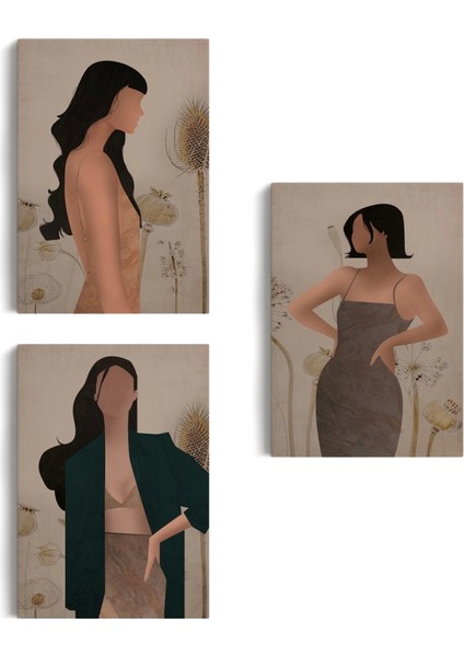 Yüzsüz Soyut Kandınlar Dekoratif Duvar Tablosu Üçlü Set-Dş-96