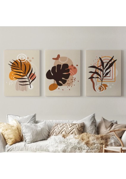 Yaprak Desenli Soyut Dekoratif Duvar Tablosu Üçlü SET-EH-107