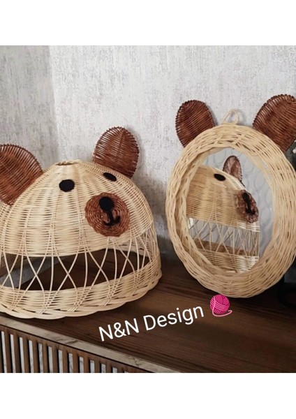 Tekno Trust Çocuk Odası Panda Kulaklı Avize ve Ayna Seti, Rattan Bambu Hasır Ayı Figürlü Avize Ayna