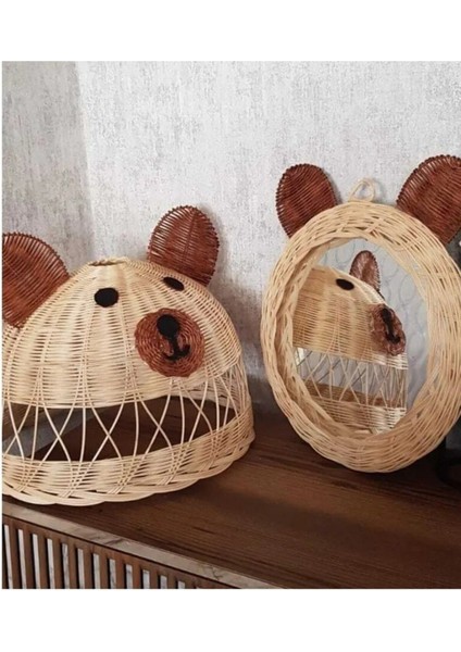 Tekno Trust Çocuk Odası Panda Kulaklı Avize ve Ayna Seti, Rattan Bambu Hasır Ayı Figürlü Avize Ayna