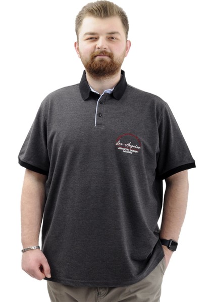 Büyük Beden Erkek Tişört Polo Yaka Nakışlı Los Angeles U24331 Antrasit