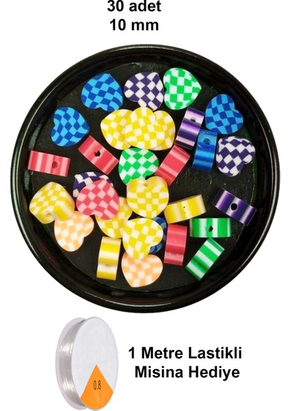 30 Adet 10 mm Polimer Kil Fimo Boncuk Takı Bileklik + 1 Metre Lastikli Misina - Desenli Kalp