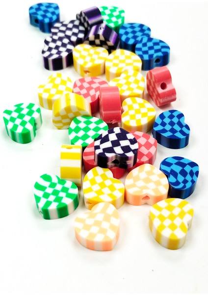 30 Adet 10 mm Polimer Kil Fimo Boncuk Takı Bileklik + 1 Metre Lastikli Misina - Desenli Kalp