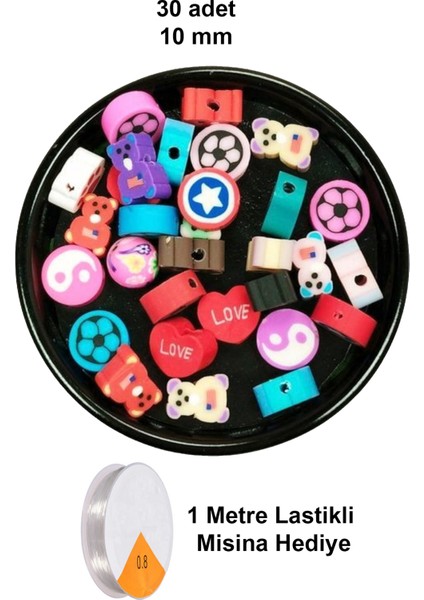 30 Adet 10 mm Polimer Kil Fimo Boncuk Takı Bileklik + 1 Metre Lastikli Misina - Karışık Renkli