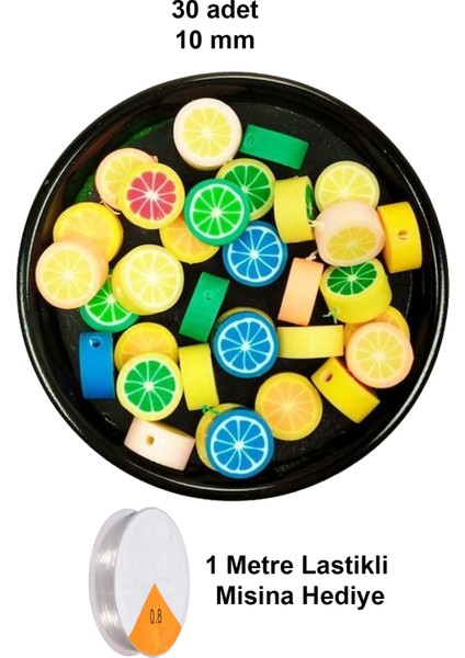30 Adet 10 mm Polimer Kil Fimo Boncuk Takı Bileklik + 1 Metre Lastikli Misina - Renkli Limon