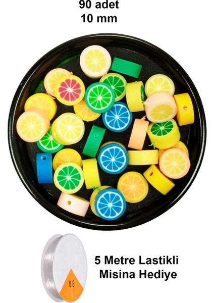 90 Adet 10 mm Polimer Kil Fimo Boncuk Takı Bileklik + 5 Metre Lastikli Misina - Renkli Limon