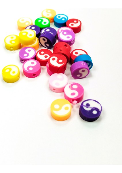 90 Adet 10 mm Polimer Kil Fimo Boncuk Takı Bileklik + 5 Metre Lastikli Misina - Renkli Yin Yang