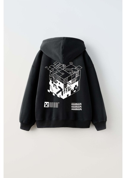Erkek Çocuk Mınecraft Modelli Pamuk Kapşonlu Sweat