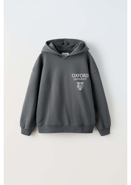 Erkek Çocuk Oxford Modelli Kol Manşetli Pamuk Kapşonlu Sweat