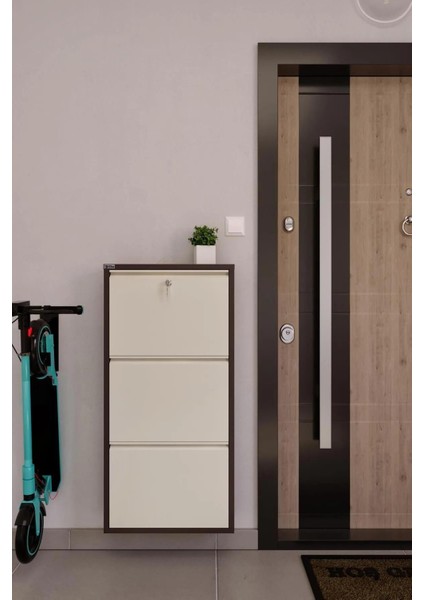 Kilitli 3'lü Metal Ayakkabılık - Kahverengi/krem