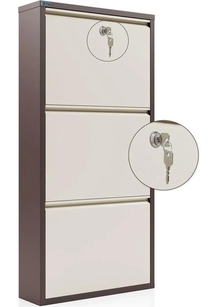 Kilitli 3'lü Metal Ayakkabılık - Kahverengi/krem fiyatları