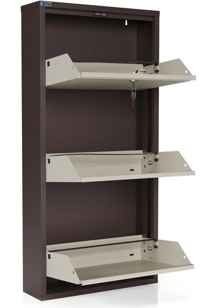 Kilitli 3'lü Metal Ayakkabılık - Kahverengi/krem modelleri