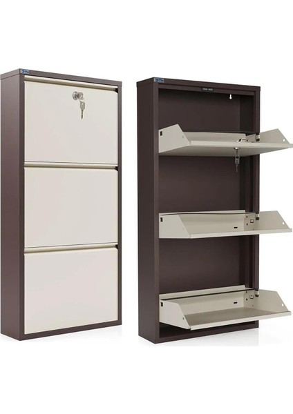 Kilitli 3'lü Metal Ayakkabılık - Kahverengi/krem fırsatları