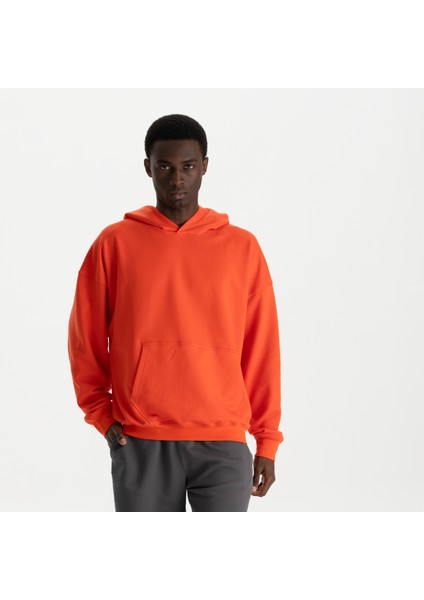 Erkek Kırmızı %100 Organik Pamuk Kanguru Cepli Kapüşonlu Oversize Sweatshirt
