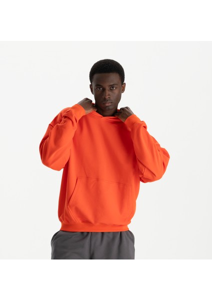 Erkek Kırmızı %100 Organik Pamuk Kanguru Cepli Kapüşonlu Oversize Sweatshirt