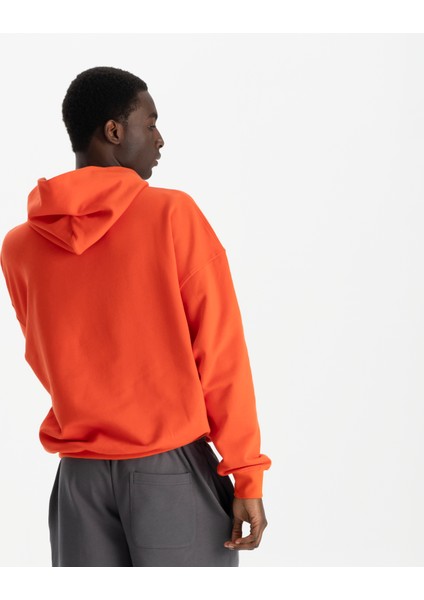 Erkek Kırmızı %100 Organik Pamuk Kanguru Cepli Kapüşonlu Oversize Sweatshirt