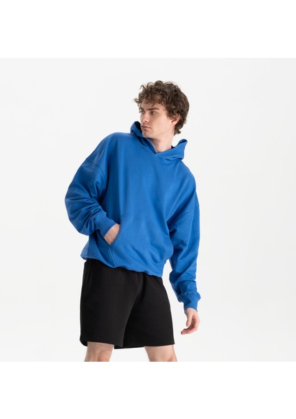 Erkek Mavi %100 Organik Pamuk Kanguru Cepli Kapüşonlu Oversize Sweatshirt fiyatları