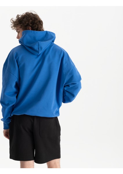 Erkek Mavi %100 Organik Pamuk Kanguru Cepli Kapüşonlu Oversize Sweatshirt fırsatları