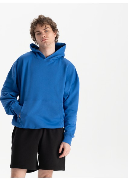 Erkek Mavi %100 Organik Pamuk Kanguru Cepli Kapüşonlu Oversize Sweatshirt