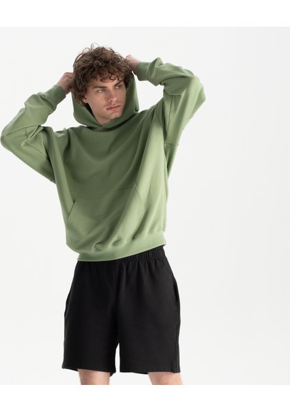 Erkek Yeşil %100 Organik Pamuk Kanguru Cepli Kapüşonlu Oversize Sweatshirt