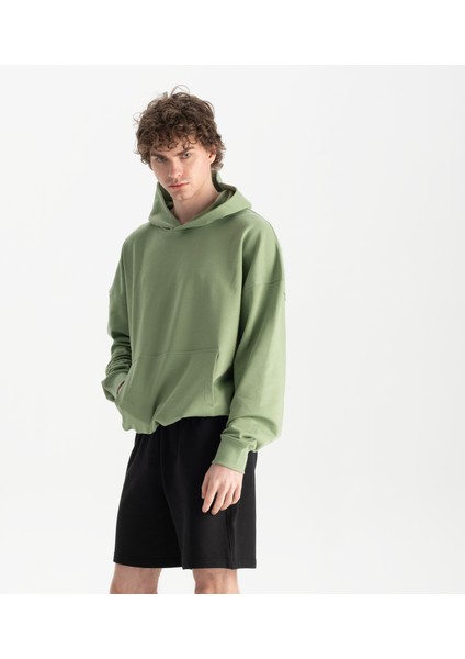 Erkek Yeşil %100 Organik Pamuk Kanguru Cepli Kapüşonlu Oversize Sweatshirt
