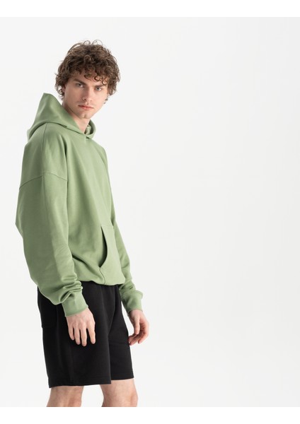 Erkek Yeşil %100 Organik Pamuk Kanguru Cepli Kapüşonlu Oversize Sweatshirt