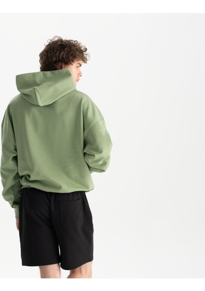Erkek Yeşil %100 Organik Pamuk Kanguru Cepli Kapüşonlu Oversize Sweatshirt