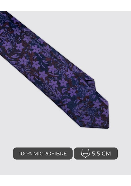 Çiçek Desenli Slim İnce Mikrofiber Kravat & Mendil Set, Mor