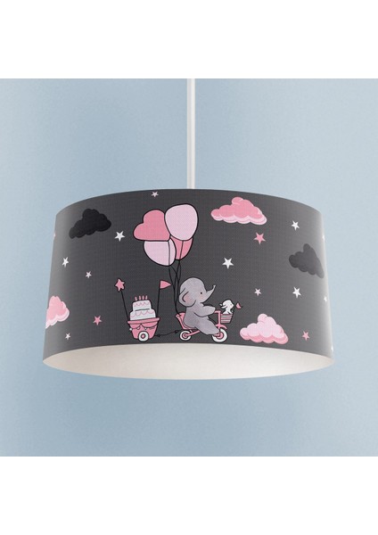 Pembe bebek odası avizesi, balon ve fil desenli, kumaş malzeme, 20x30 cm